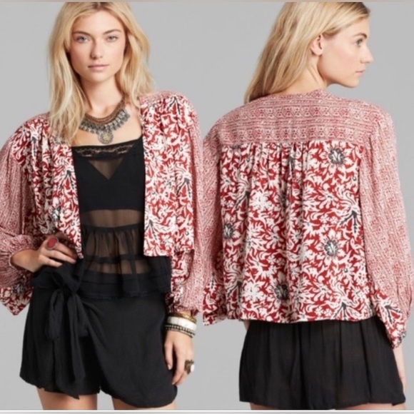 Free People Oversized Red Boho Balloon Sleeve Santiago Floral Print Top Small - Picture 1 of 12